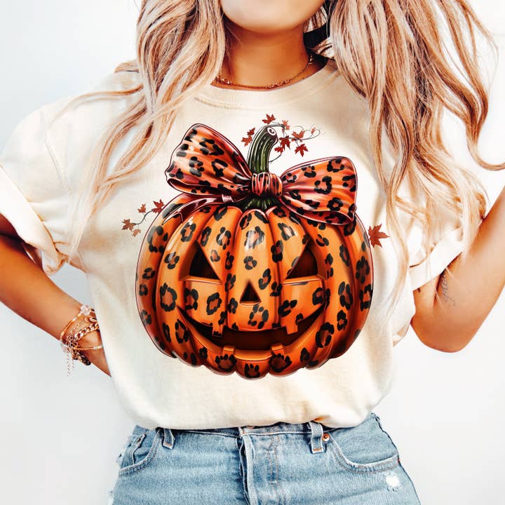 Chemise à nœud Pumpkin Coquette, t-shirt rétro en forme de citrouille léopard pour la vente par NVC Ecommerce LLC