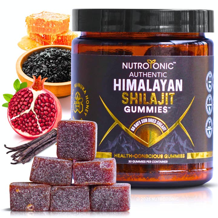 Authentic Himalayan Shilajit® Gummies Sweetened with Organic Manuka Honey Flavored with Pomegranate Oil & Organic Vanilla for wholesale by NutroTonic