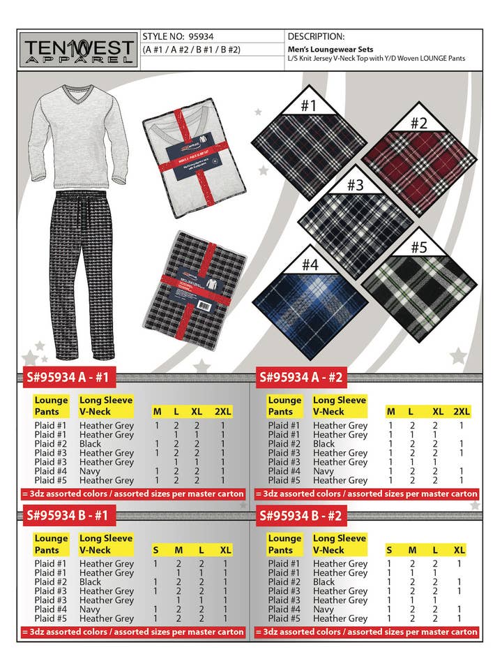 Mens knit/woven vneck LS/LL pj set M-2X - 95934A for wholesale by Ten West Apparel