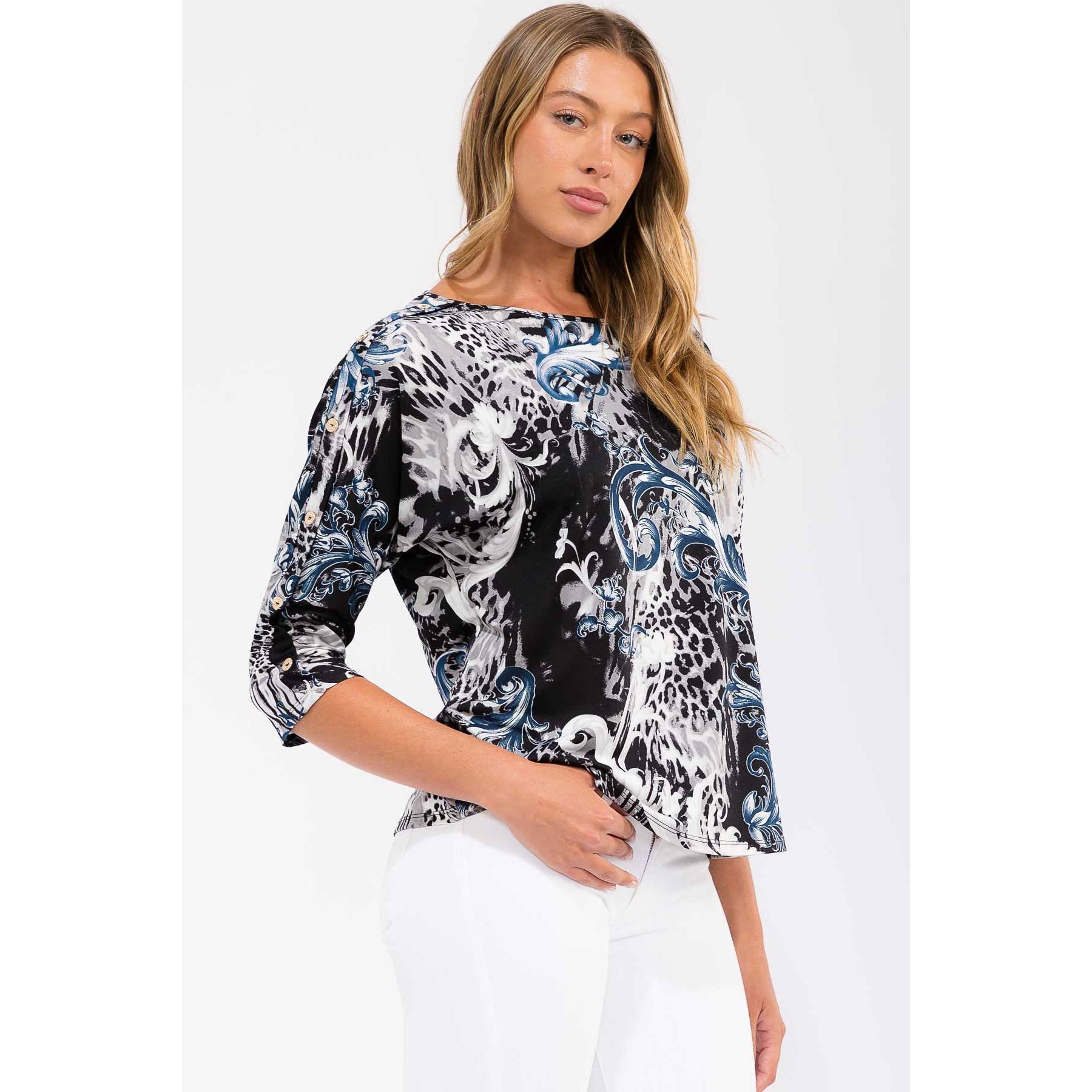 BLACK GREY BLUE BUTTON SHOULDER DOLMAN for wholesale on Faire0