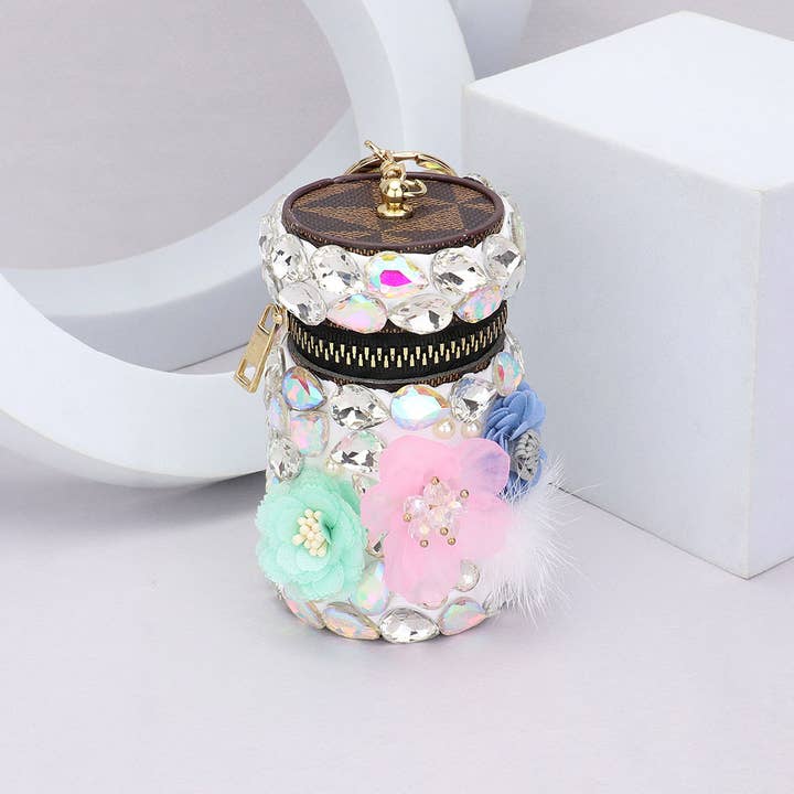 Sensibling Corp. - Wholesale Makeup/Cosmetic Bag - Flower Pom Pom Teardrop Glass Stone Embellished Case