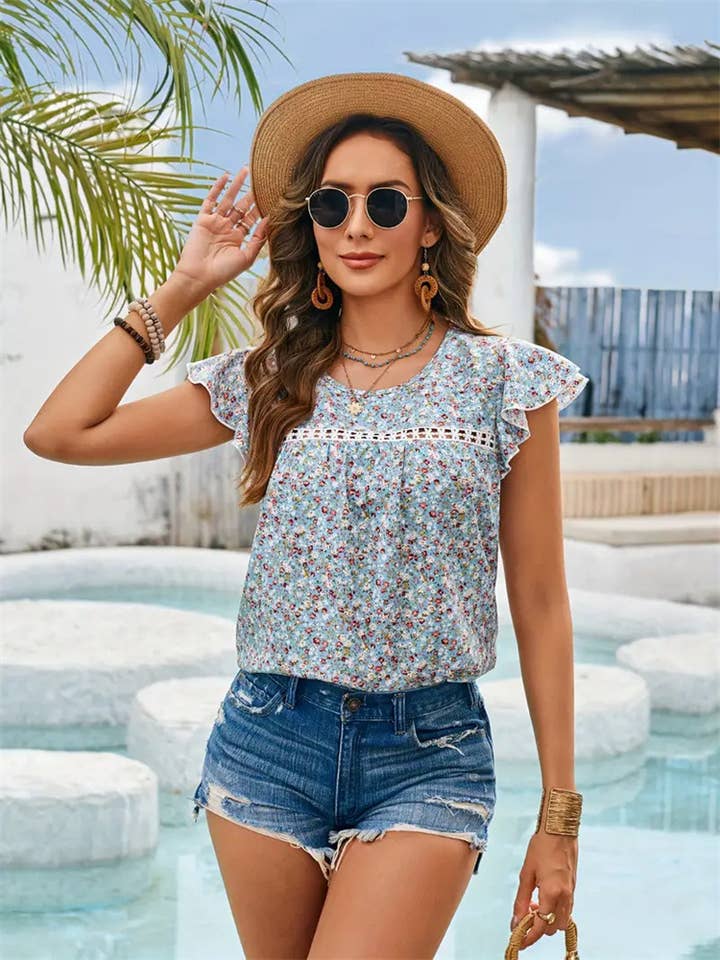 LIGHTBLUE Floral lace lace lotus sleeve blouse for wholesale on Faire