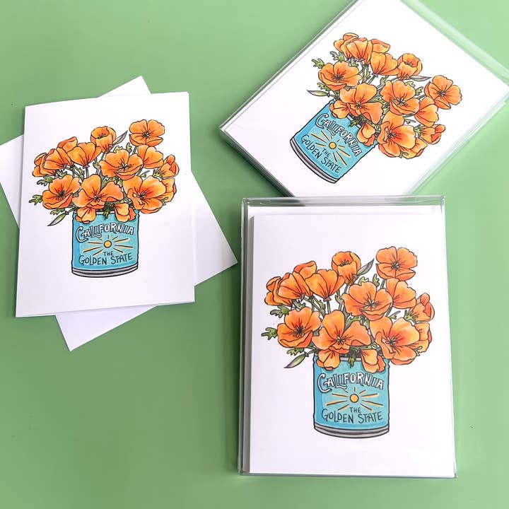 Brenna Daugherty Illustration - Wholesale Everyday Greeting Card - California Poppy Bouquet Card - Boxed Set of 6