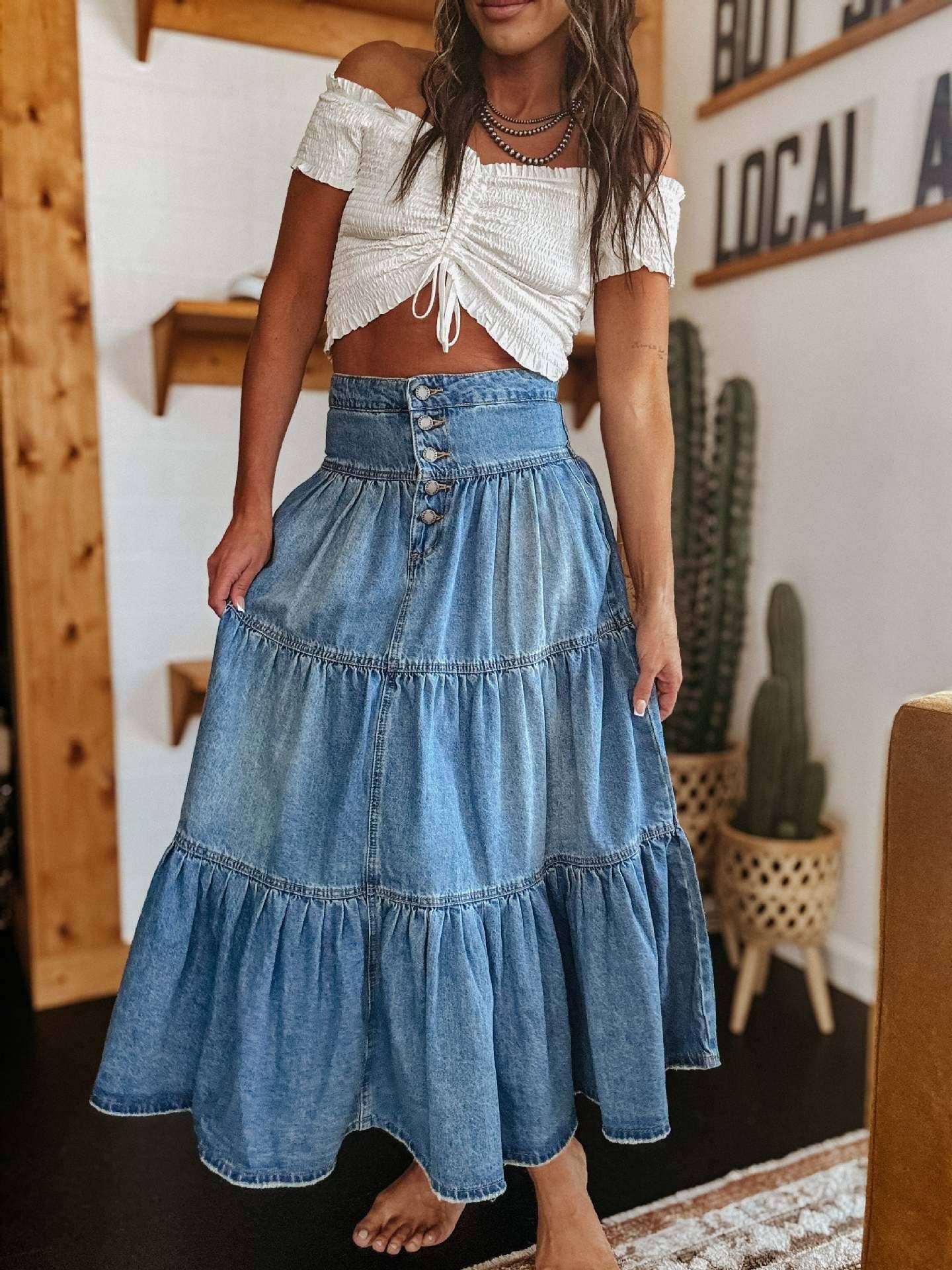 Hope & Sunshine - Wholesale Skirt - Women's - Bohemian Tiered Denim Skirt A-Line7