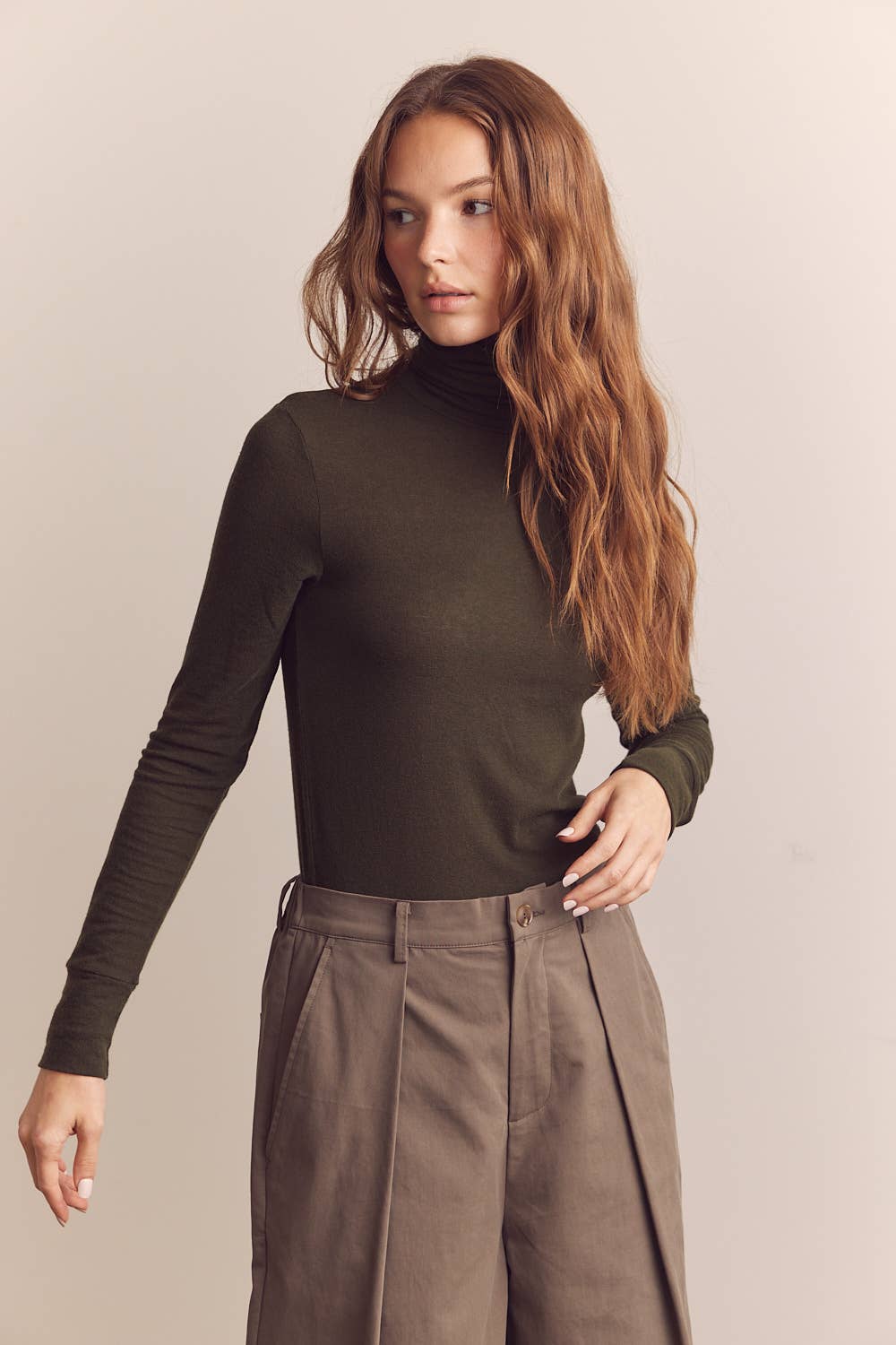D Olive Wool blend lightweight turtleneck for wholesale on Faire4