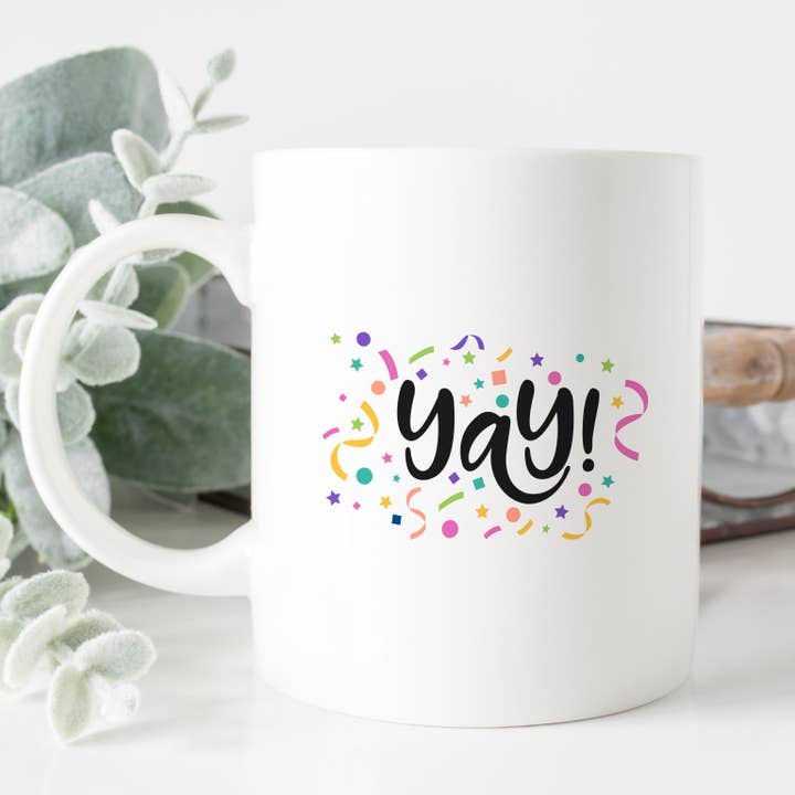 Yay! Confetti Mug for wholesale by Sarah Hurley
