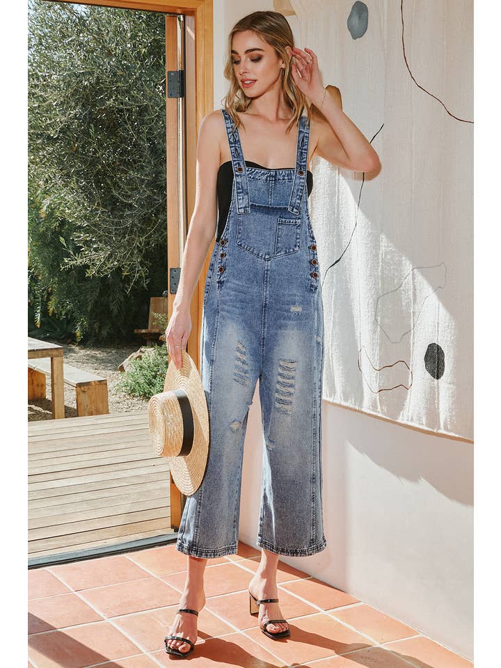 fashionworks - Wholesale Overalls - Women's - Fashion-W Distressed Bib Pocket Wide Leg Denim Overall