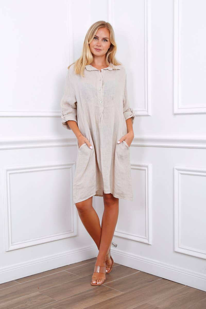 Happy look – Großhandel Kleid – Damen – Kurzes Hemdkleid aus Leinen mit langen Ärmeln14