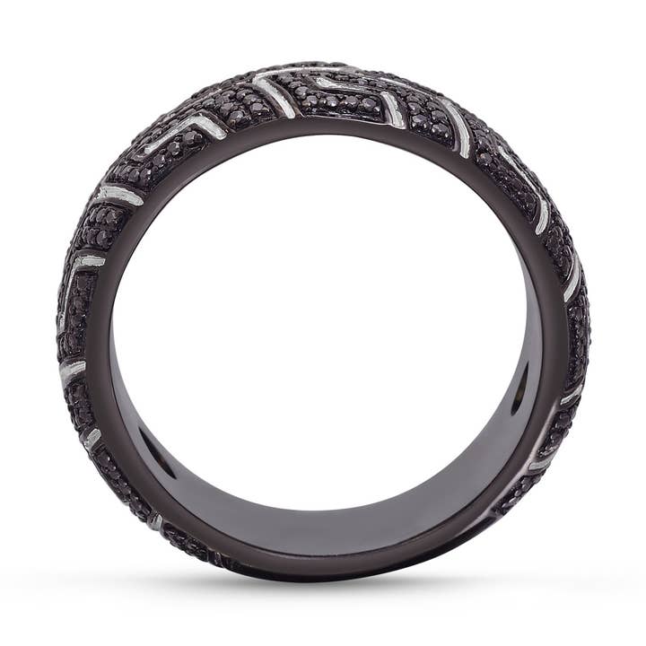 Pro Rider zwart gerhodineerd sterling zilveren bandloopvlak zwarte diamanten bandring voor wholesale door LuvMyJewelry (LMJ)