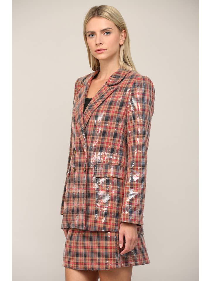 RED NAVY PLAID SEQUIN DOUBLE BREASTED BLAZER FJ74003 for wholesale on Faire