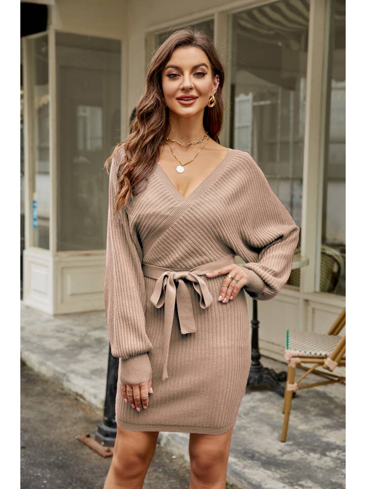 GEXWORLDWIDE – Engroshandel Kjole - Dame – Lang lanterneærme slank sweater omslagskjole akryl