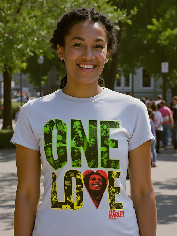 Official Store - Vente T-shirt sérigraphié – femme - Bob Marley - T-shirt Femme Juniors One Love Block