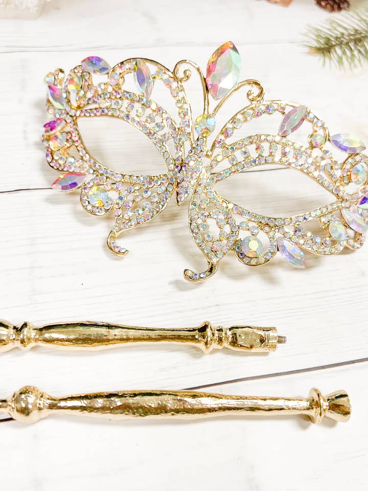 Happy Dream Gifts - Wholesale Costume - Women's - AB Crystal Masquerade Mask with Stick, Gold Wedding Mask