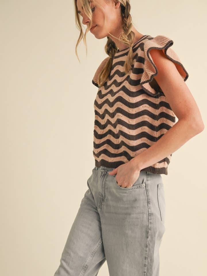 &MERCI - Wholesale Knit Sweater - Women's - WAVY STRIPES FLUTTER SLEEVE SWEATER TOP MSW1050949