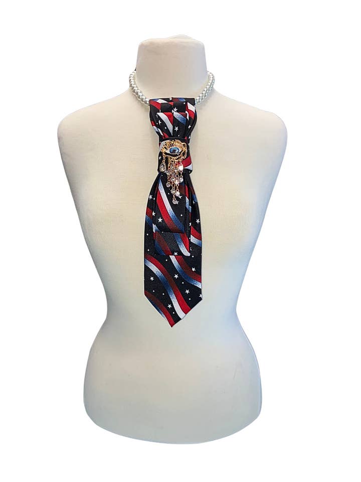 Custom Necktie Necklace - Wavy Stars and Stripe w Eye Brooch for wholesale by See it…Love it…Buy it