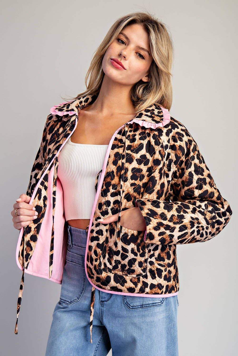 BROWN PL9358 - LEOPARD QUILTED PINK CONTRAST TIE FRONT JACKET for wholesale on Faire
