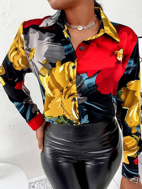 RED Trendy Tops Long Sleeves Loose Printed Lapel Collar Blouses&Shirts Tops for wholesale on Faire