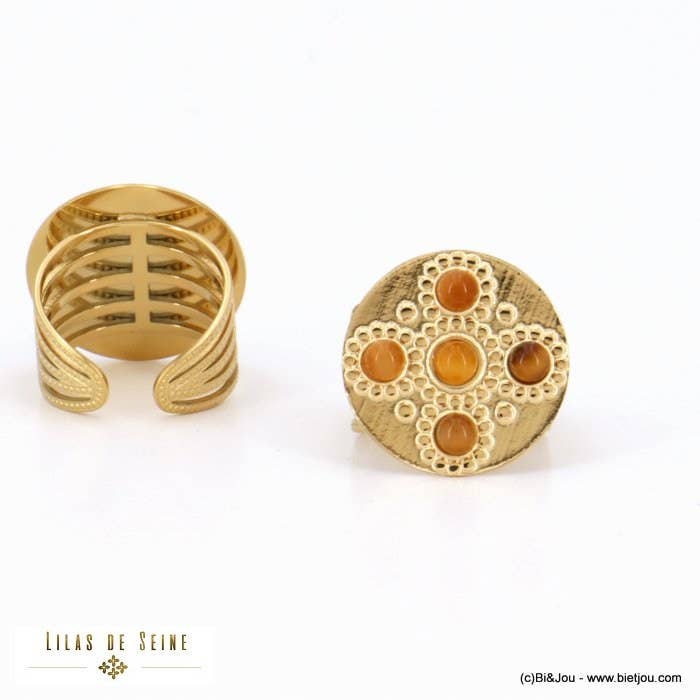 Lilas de Seine - Wholesale Cocktail/Statement Ring - Gothic stainless steel ring with mother-of-pearl cabochon 0422011