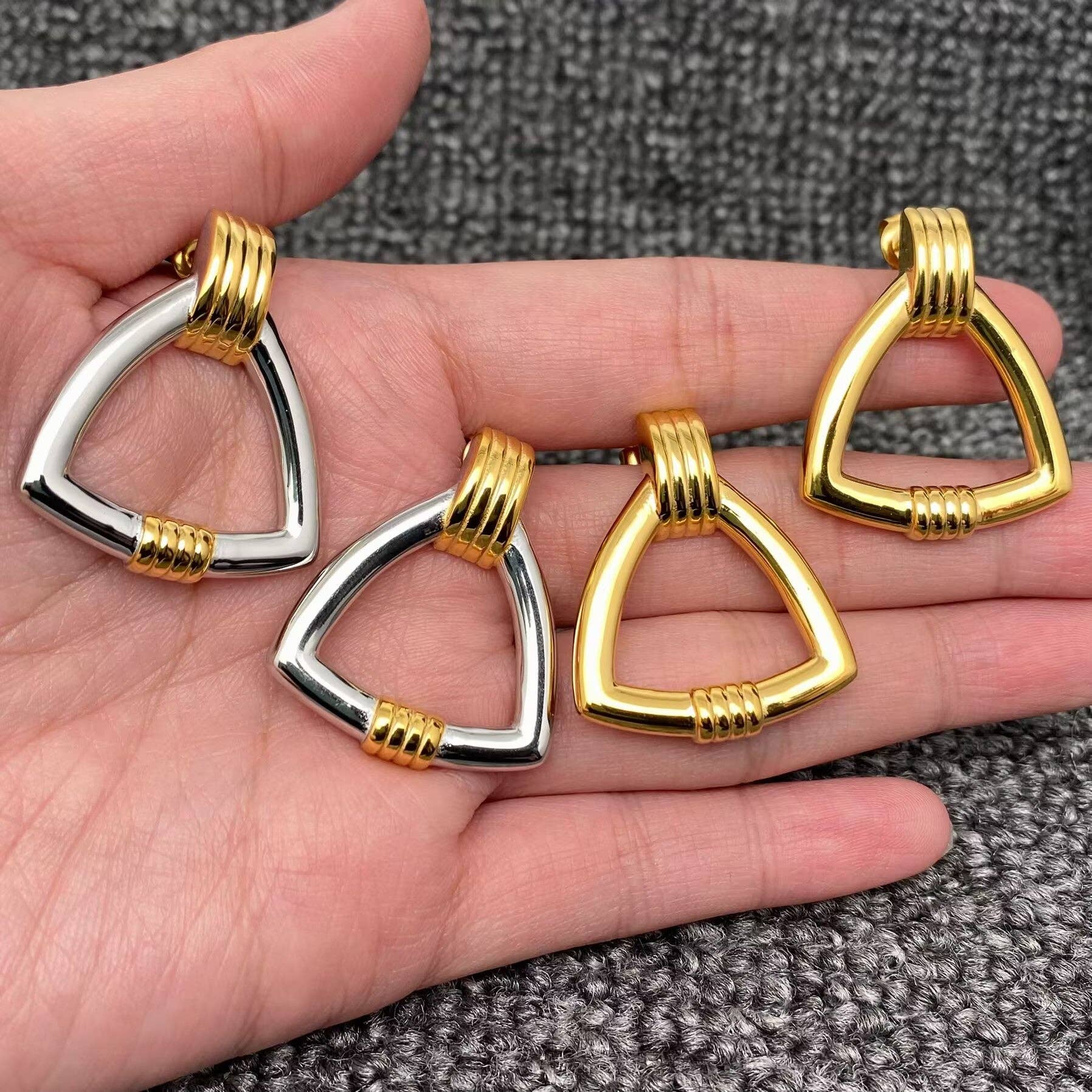 Mio Queena - Wholesale Stud/Post Earrings - Two Tone 18K Gold Plated SS Triangle Post Earrings - FGS2