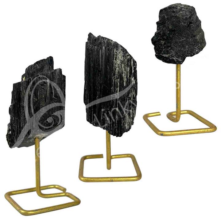 Oceanic Linkways Inc - Wholesale Spiritual Stone/Crystal - (PC)SPECIMEN - TOURMALINE, BLACK ON GOLD STAND 4-5.5"0