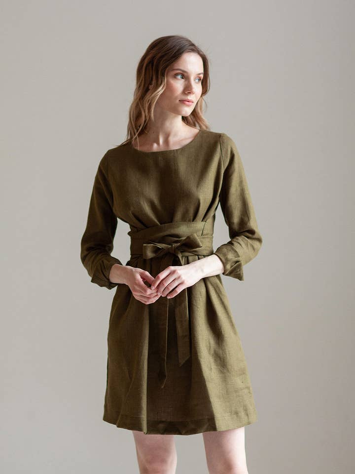 "Audrey" Khaki Green Linen Mini Dress for wholesale by Nich Linen
