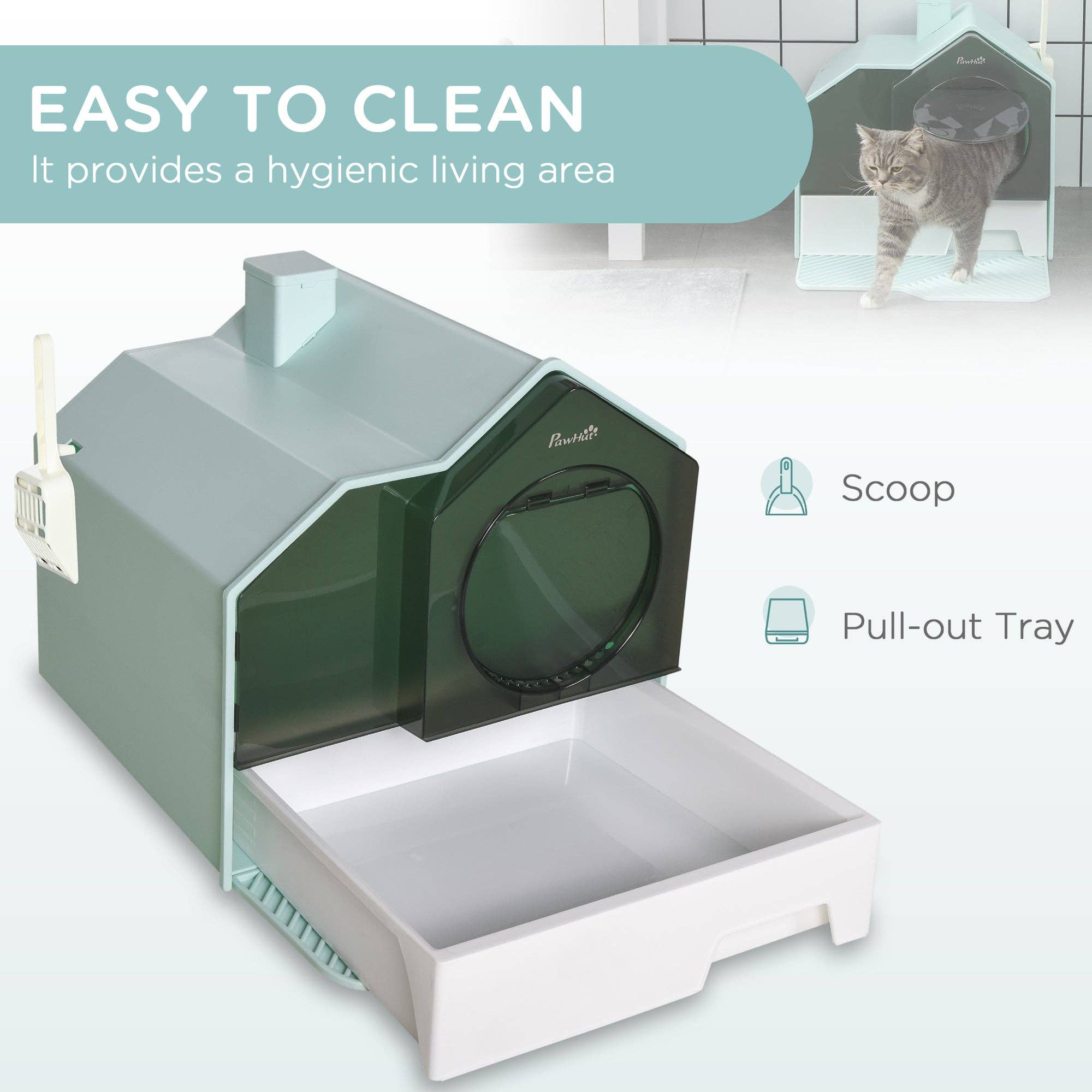 39F Inc. - Wholesale Cat Litter Box - PawHut Hooded Cat Litter Box - Light Blue, Mat/Drawer/Scoop4