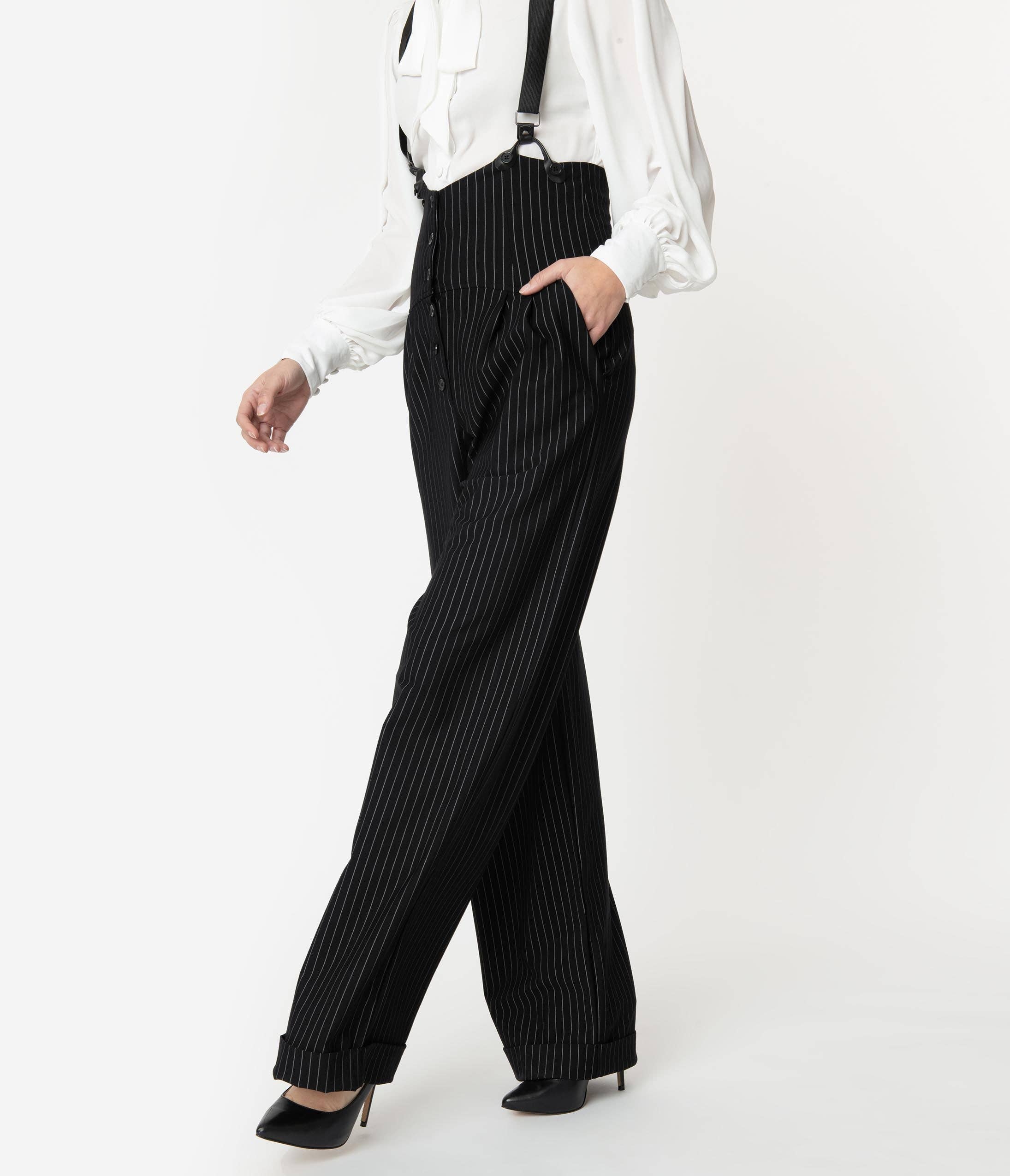 Unique Vintage - Wholesale Pants - Women's - Unique Vintage Black & White Pin Stripe Thelma Suspender Pan1