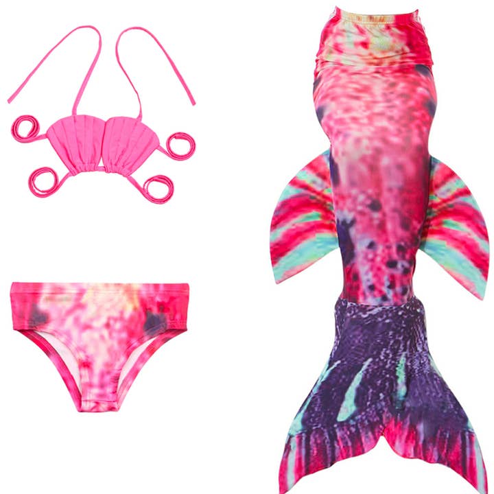 Hot Pink-Green Fish Tail Shell Top 3-Pieces Swimming Suit for wholesale by Wenchoice