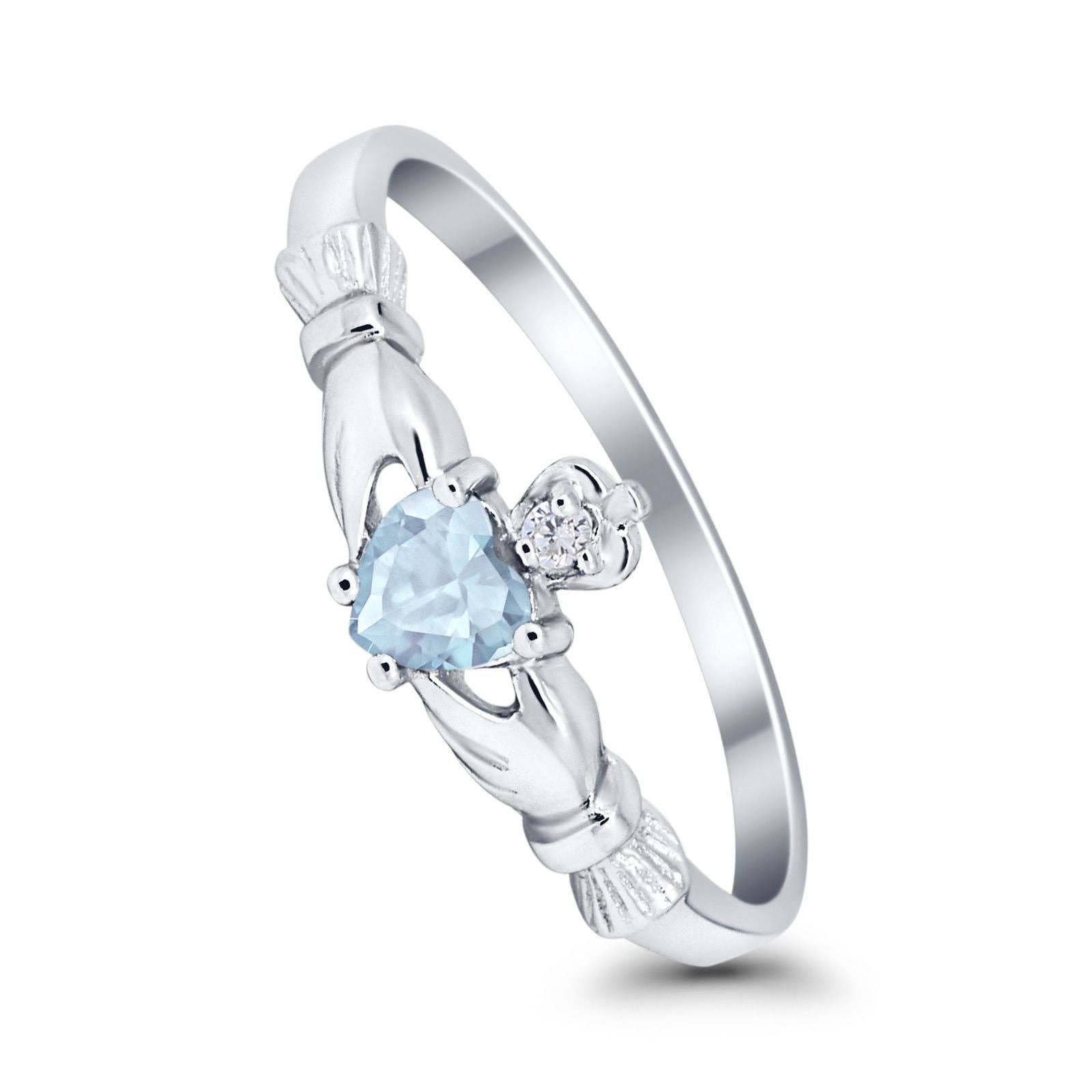 Claddagh Heart Promise Ring Simulated Aquamarine CZ for wholesale on Faire3
