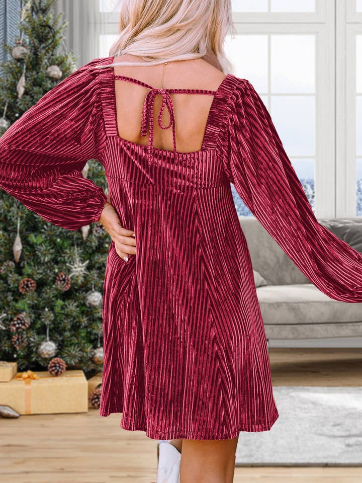1 the Woman - Wholesale Dress - Women's - Tie Back Square Neck Velvet Babydoll Dress