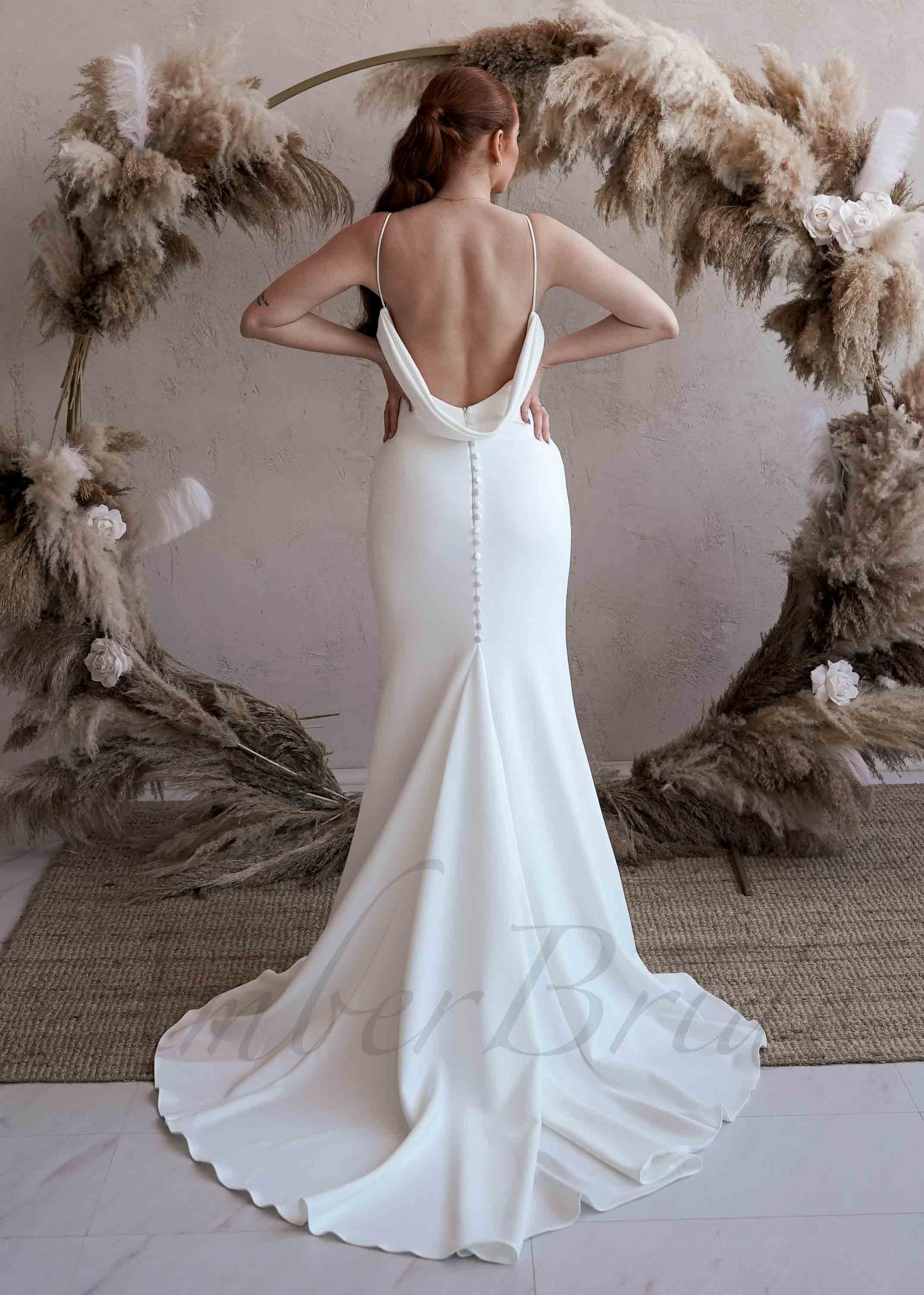 Amber Commerce Group, MB - Wholesale Gown - Women's - Simple Satin Mermaid Wedding Dress with V-Neck, Spaghetti Straps and Low Back