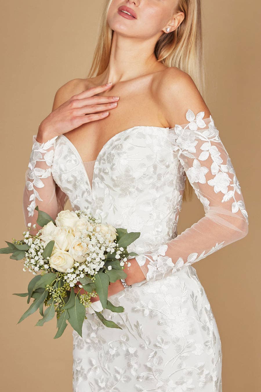 White Lace Long Off Shoulder Mermaid Wedding Dress Wholesale for wholesale on Faire6