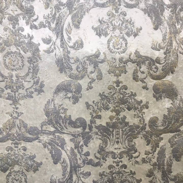 Fancy Styles Fabric – wholesale Fabric – NEW! Queen Renee Antique Inspired Burnout Velvet Damask Fabric - White W/ Silver & Gray