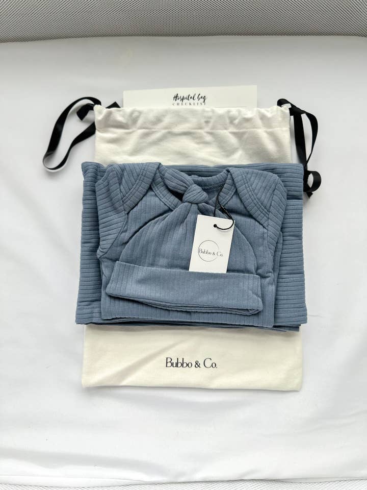 Bubbo & Co. – wholesale Clothing set – Baby – organic newborn going home ribbed set - ocean blue1