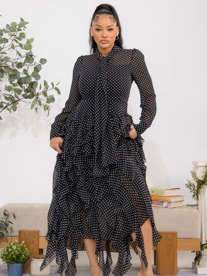 ZB131-X Plus Size Polka Ruffle Maxi Dress for wholesale by H&H Fashion Inc.