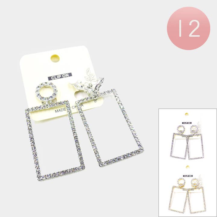 Sensibling Corp. - Wholesale Clip-On Earrings - 12Pairs - Rhinestone Rectangle Link Dangle Clip on Earrings