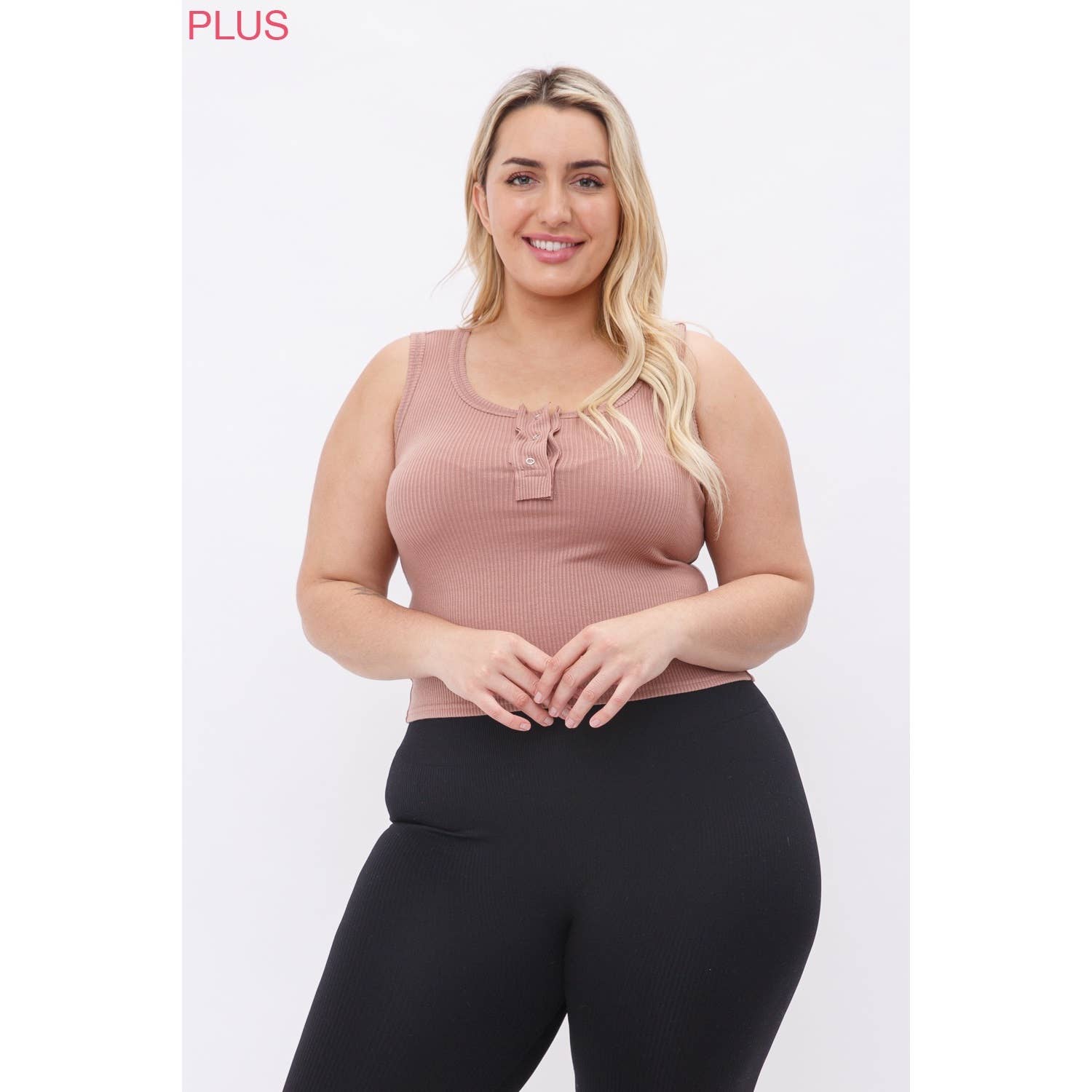 Sweet Generis - Wholesale Tanktop - Dames - PLUS GERIBBELDE HENLEY TANKTOP MET DRUKKNOPEN - Citroenkleur5