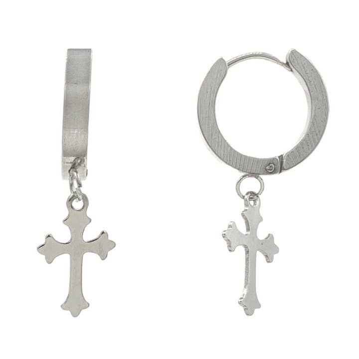 Cross Charm Cross Dingle Hoop Øreringe i S. Stål, 12mm for engroshandel hos Nisso & Co. NYC Jewelry Wholesale