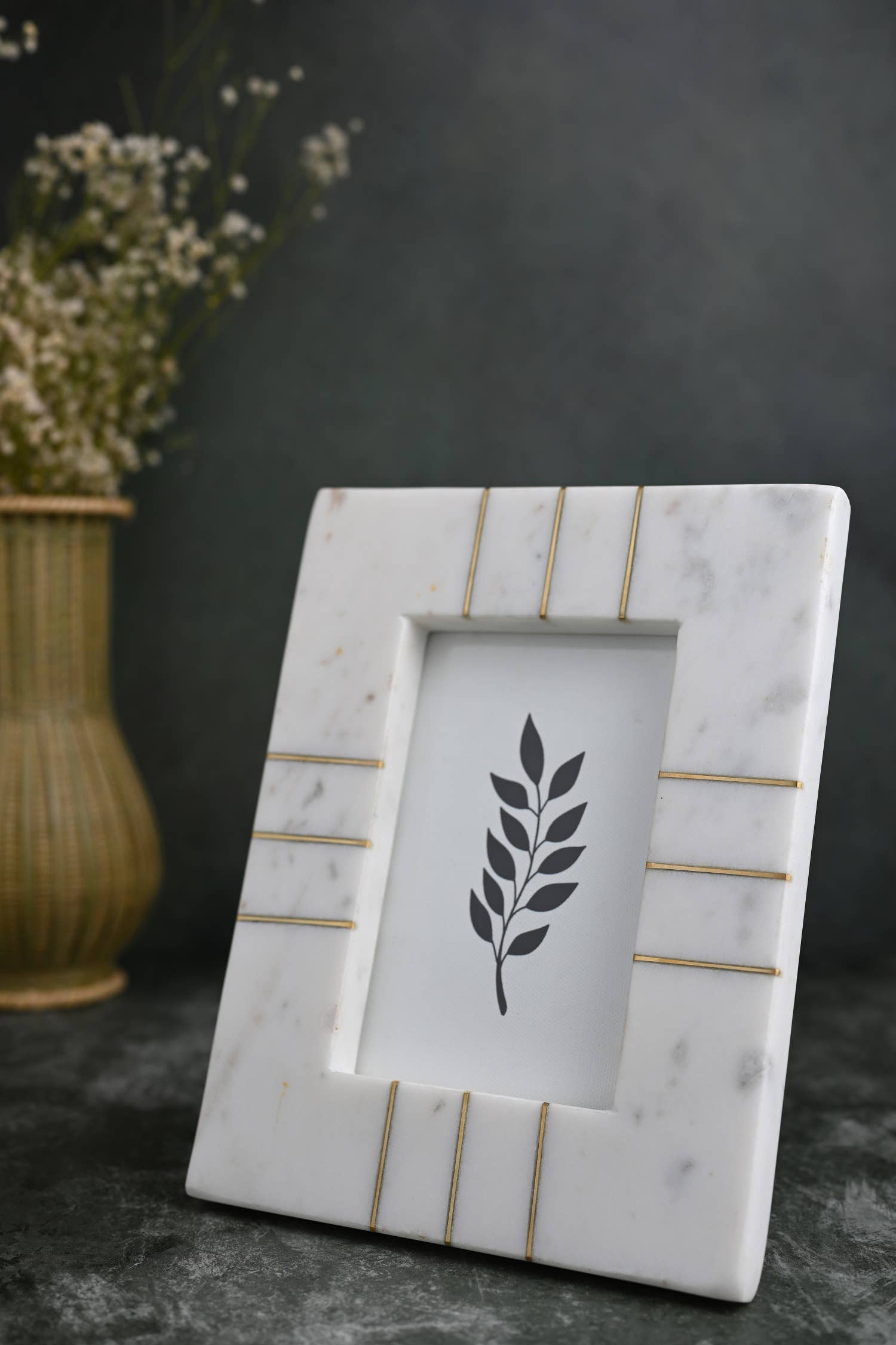 BIDKhome - Wholesale Picture Frame - Marble Photo Frame 5x7" W/Brass Inlay Opal White3