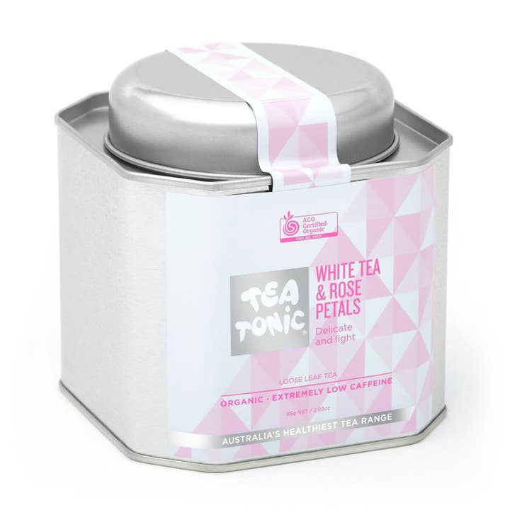 White Tea & Rose Petals Tea Loose Leaf Caddy Tin for wholesale by Tea Tonic