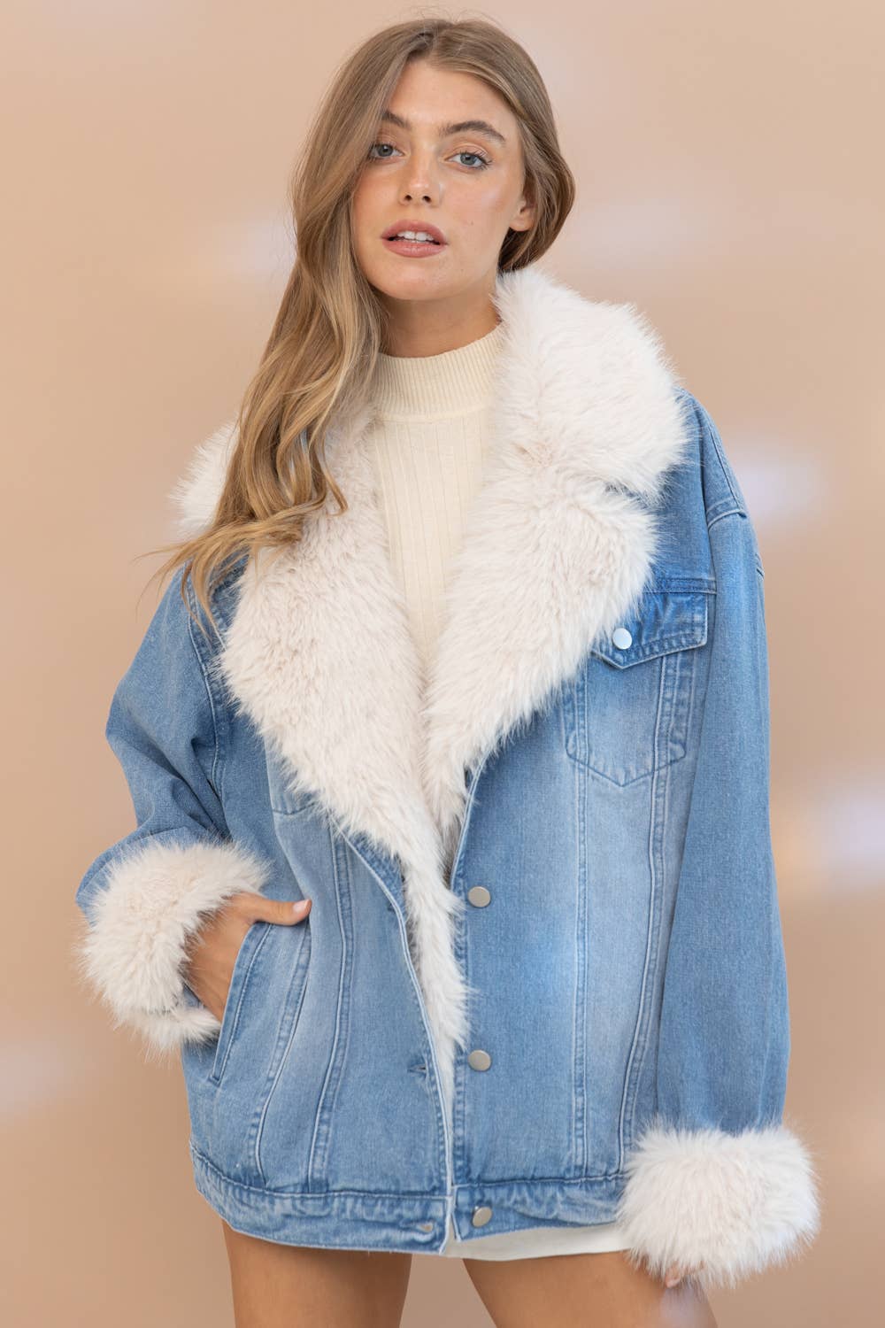 17576J - Fur Collard Cuff Over sized Washed Denim Jacket for wholesale on Faire