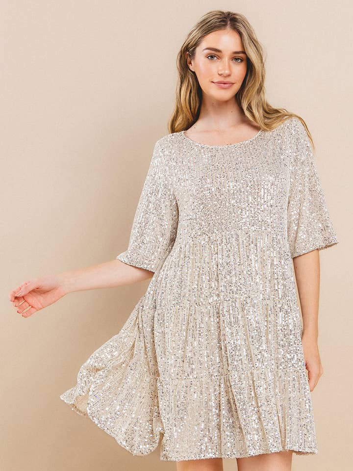 SEQUIN TIERED BABYDOLL DRESS 3113 CHAMPAGNE PLUS for wholesale by WISTERIA LANE