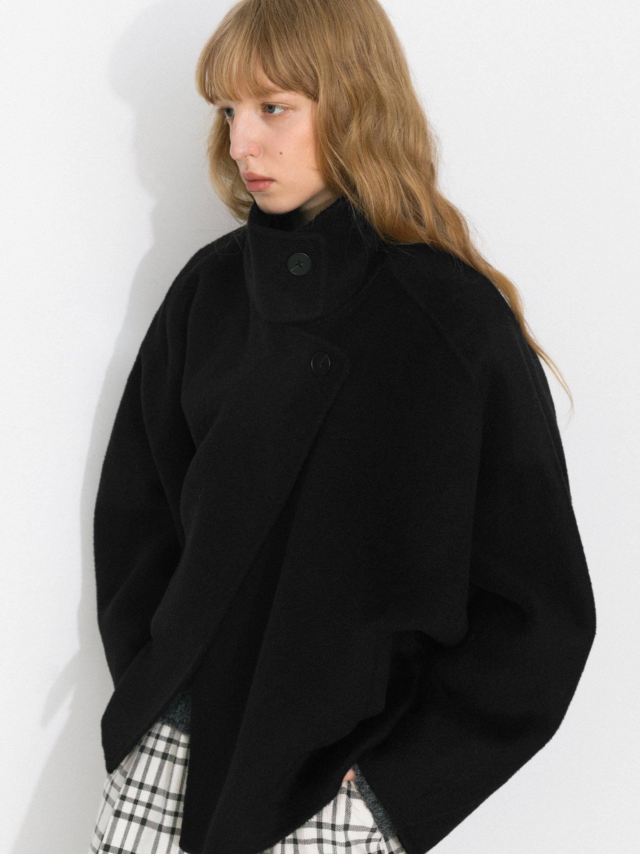 Black 100% Wool Casual Stand-Collar Cropped Jacket for wholesale on Faire1
