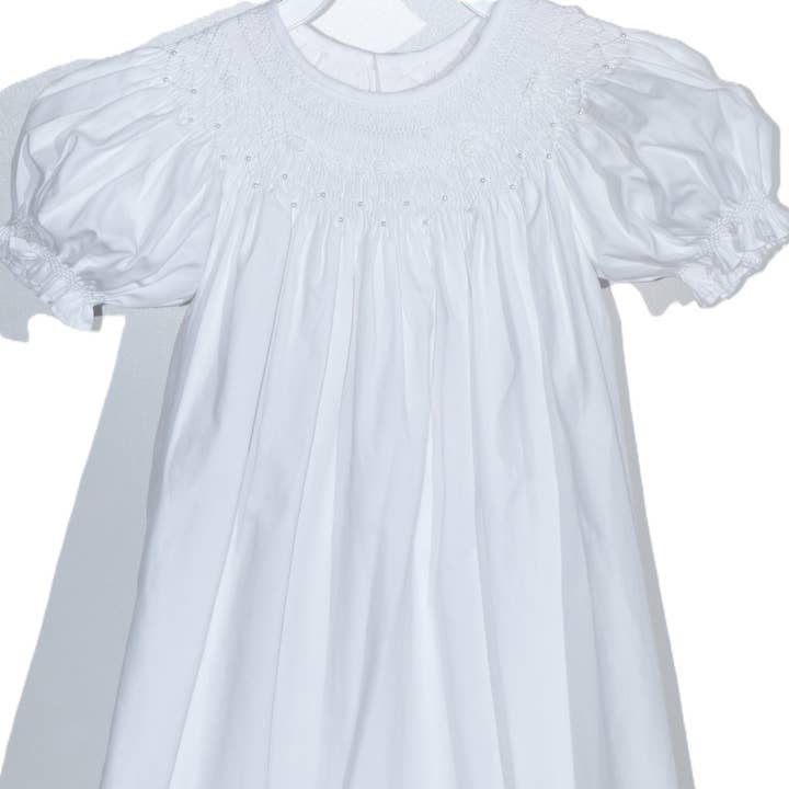 White Geometric Smocked with Pearls Short Bishop Sleeve Dress for wholesale by Hello Bebes!
