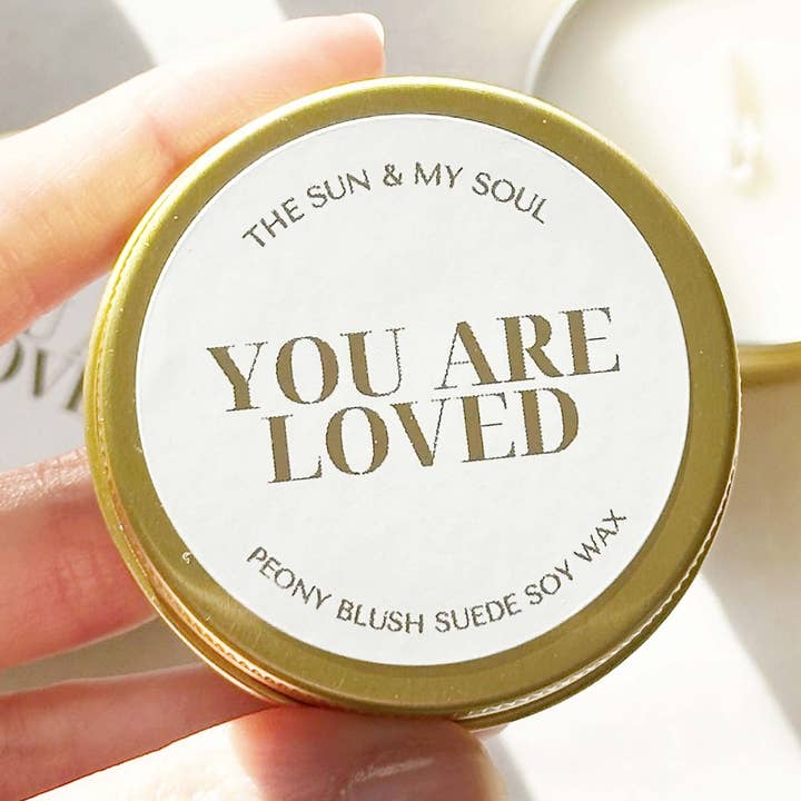You Are Loved - Peony Blush Suede Scented Soy Wax Candle for wholesale by The Sun & My Soul Bath Bomb Soak Wellness Gifts