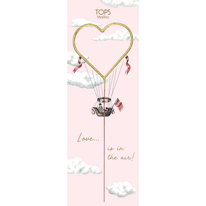 Tarjeta Grande con forma de corazón dorado de 12 pulgadas con estampado de bengalas con texto «Love is in the Air» para venta al por mayor de TOPS Malibu