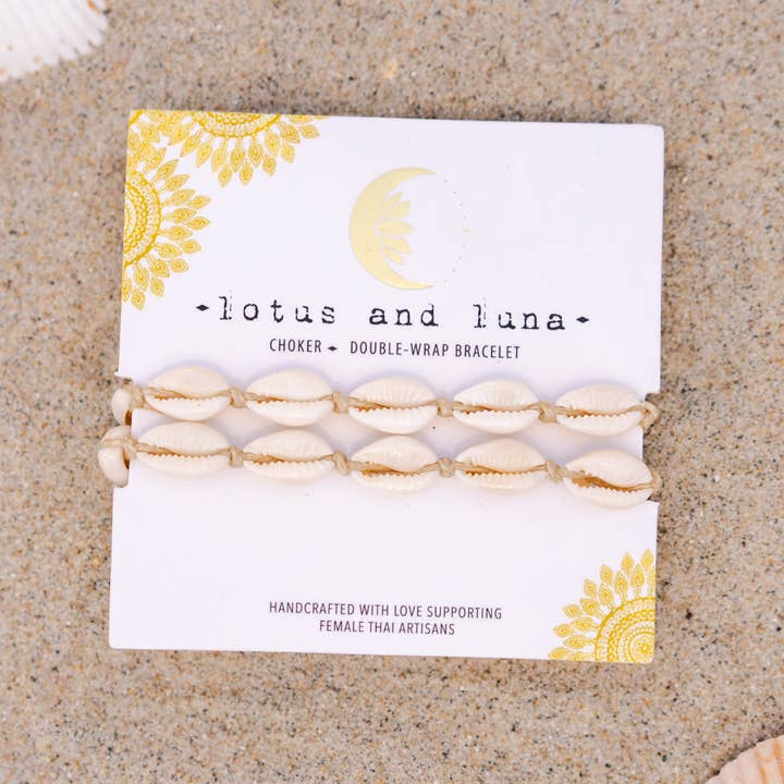 Lotus and Luna - Wholesale Choker/Collar - Cowry Shell Choker/Double Wrap (Brown Cord)