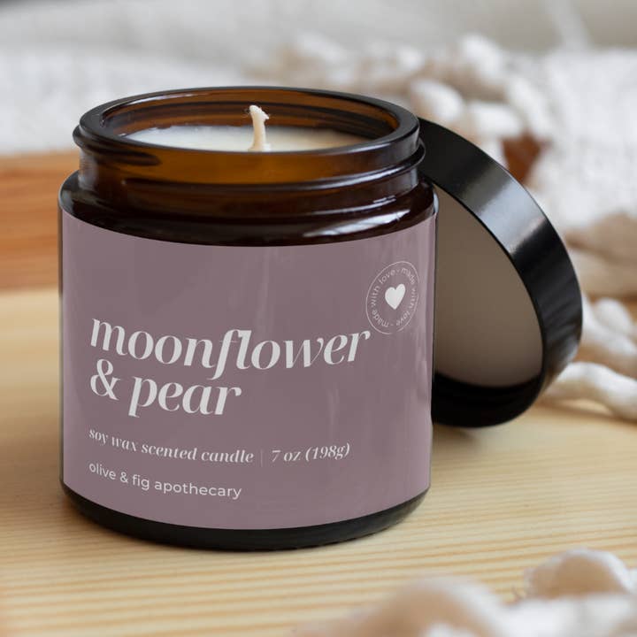 Moonflower + Pear - 7 oz. Amber Glass Jar
Soy Candle for wholesale by Olive & Fig Apothecary