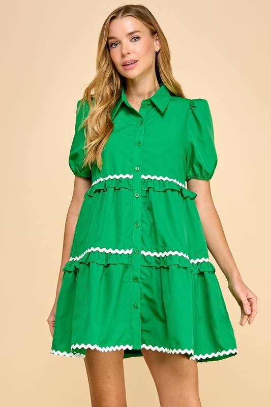 TCEC - Vente Robe – femme - Robe chemise à manches courtes bouffantes avec détail en zigzag CD054470