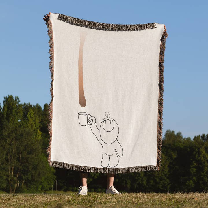 3dRose – wholesale Throw blanket – 3dRose, Cute Drip Guy catching chocolate or coffee drop with mug - fun funny humor fake stain unique, Blanket1